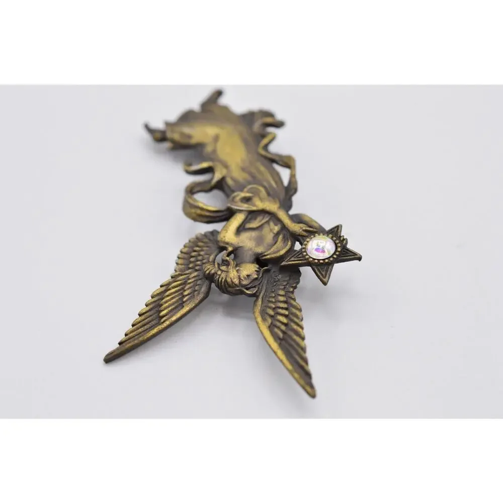 JJ Vintage Cabochon Angel Pin Brooch Bronze Iridescent Stone Signed 1980s 9B
